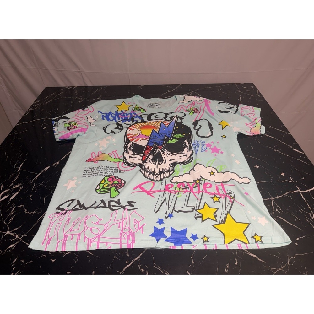Fresh Laundry, Teal T-Shirt, Mens, Graffiti, Skull, Y2K, Size 4XL